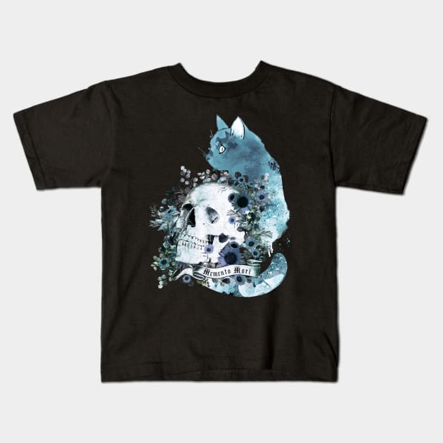 Blue cat and botanic Skull with flowers, memento mori, cat skull, witch, goth, watercolor Kids T-Shirt by Collagedream